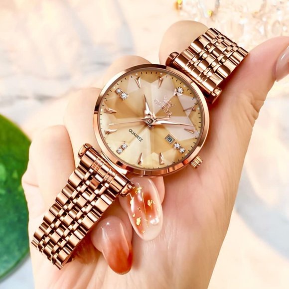 Women Yellow Rose Gold Stainless Steel Band Quartz Small Face Waterproof Watches